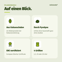 Pflanzenkohle auf einen Blick: aus Kakaoschalen, durch Pyrolyse, EBC-zertifiziert, 2 bis 20 Liter