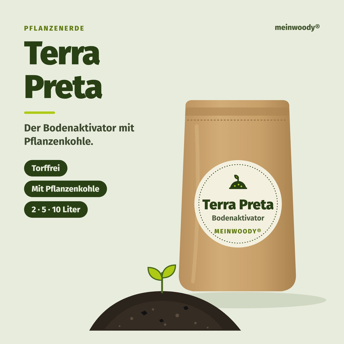 Terra Preta von meinwoody® – torffreier Bodenaktivator mit Pflanzenkohle