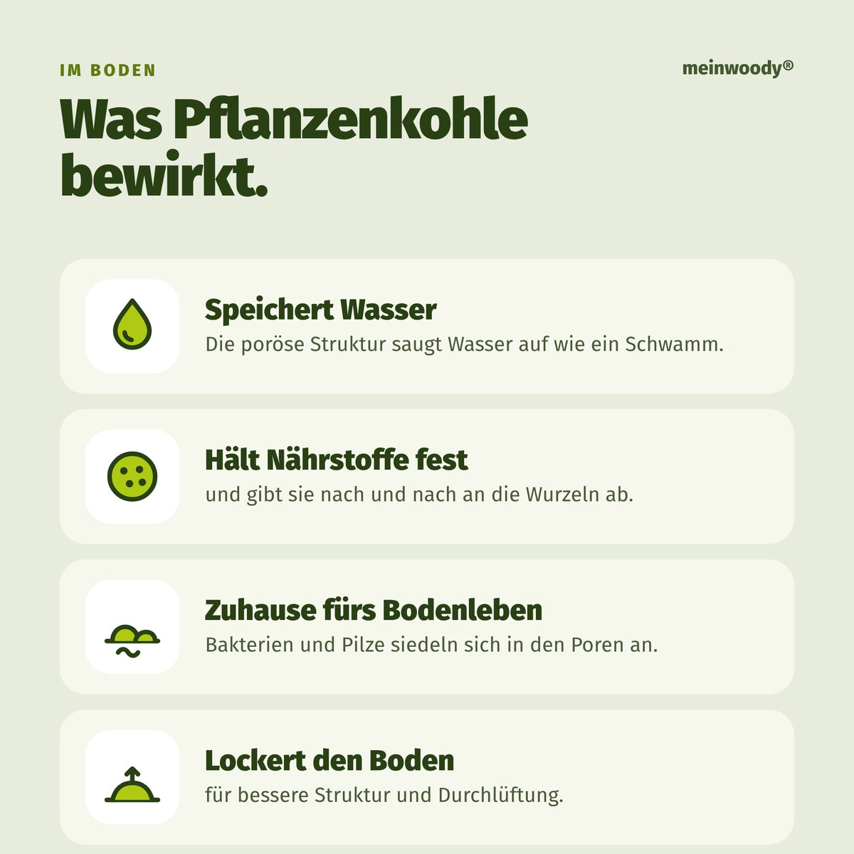 Was Pflanzenkohle im Boden bewirkt: speichert Wasser und Nährstoffe, lockert den Boden